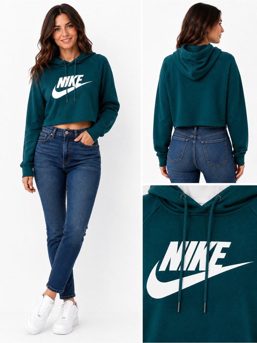 Size L Nike Women’s Cropped Fleece Hoodie Green Pullover Sweatshirt - Picture 2 of 7